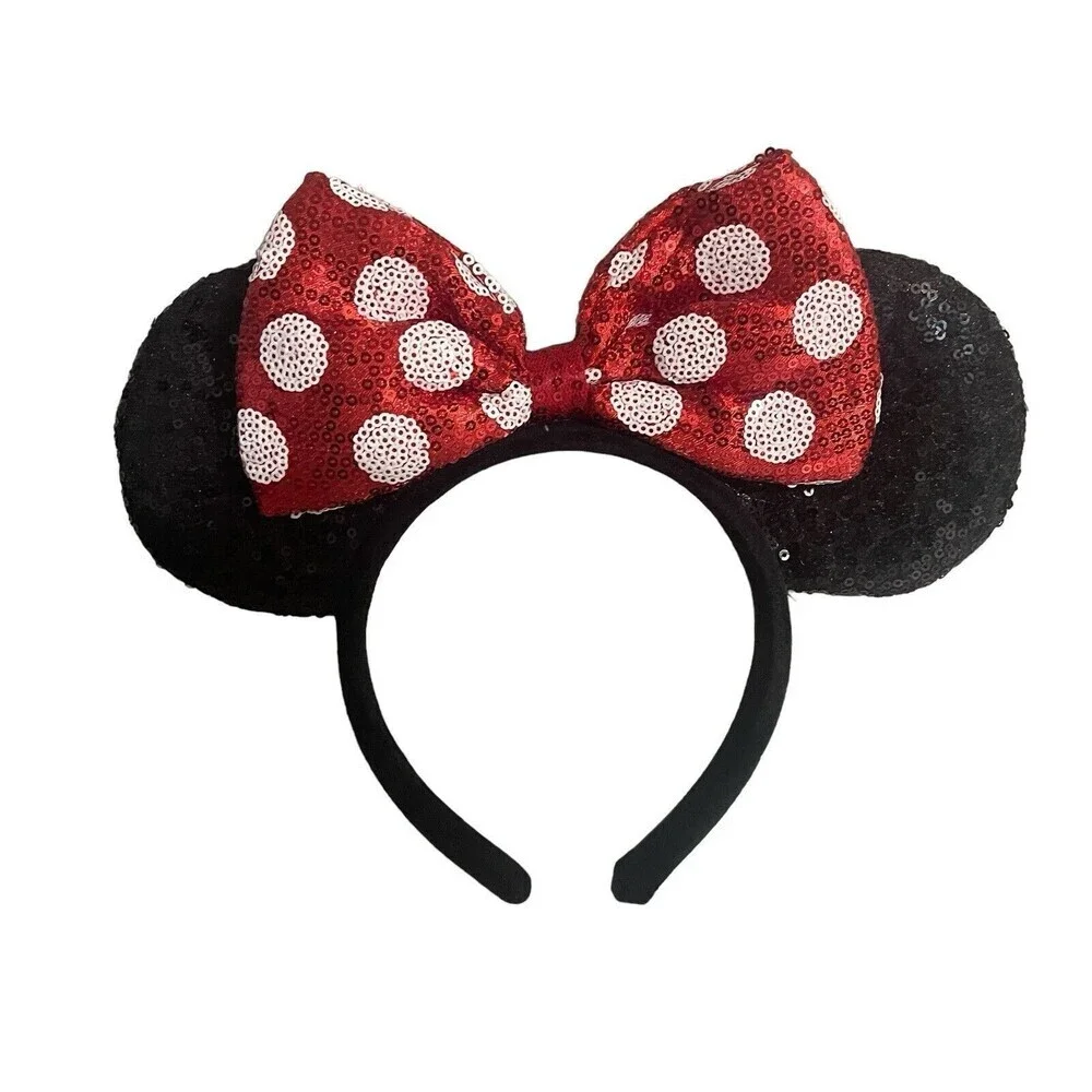 Disney Parks Minnie Mouse Classic Red Bow Black Ears Sequin Headband